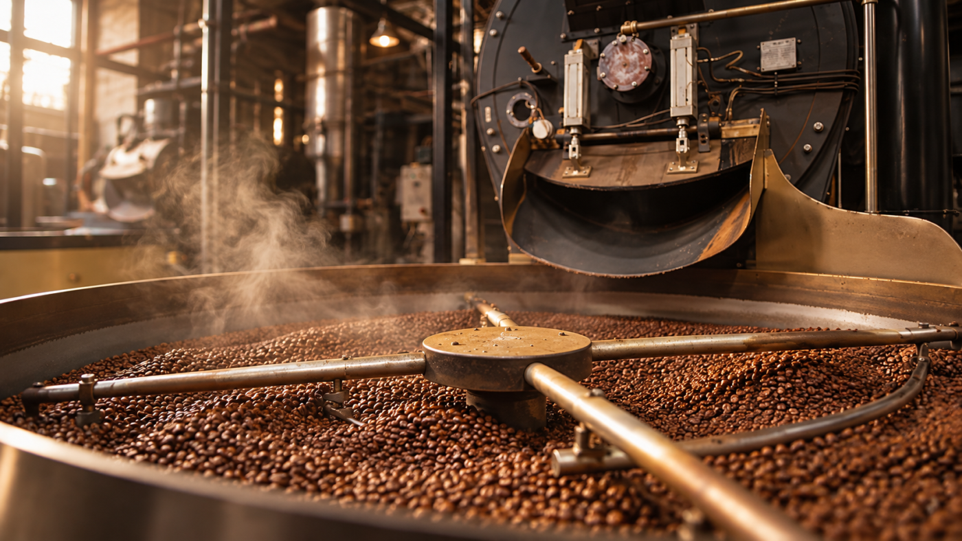 Industriell kafferöstare med ånga